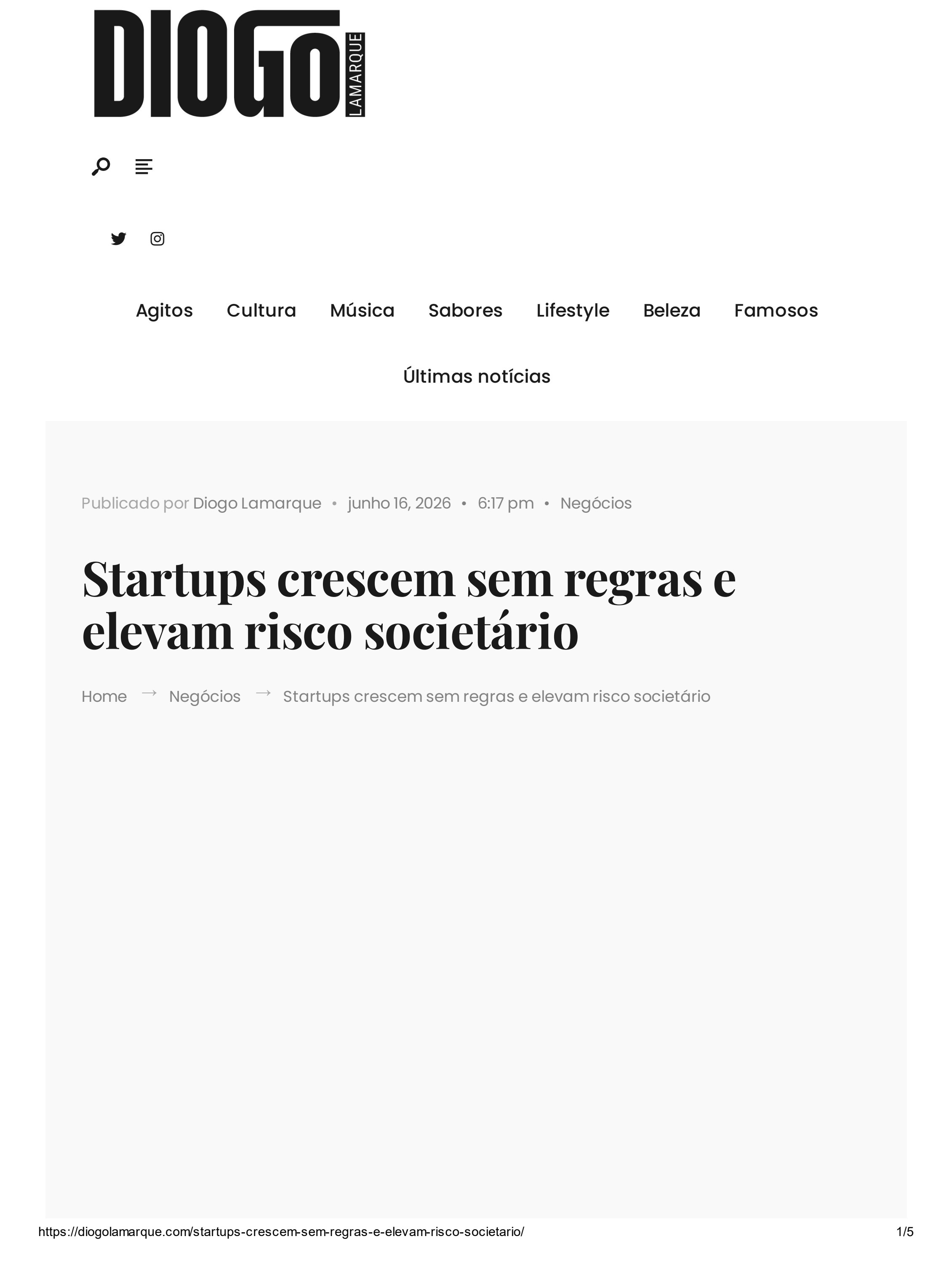 Manchete da matéria “Startups crescem sem regras e elevam risco societário” no Portal Diogo Lamarque, com declarações do advogado Sandro Wainstein