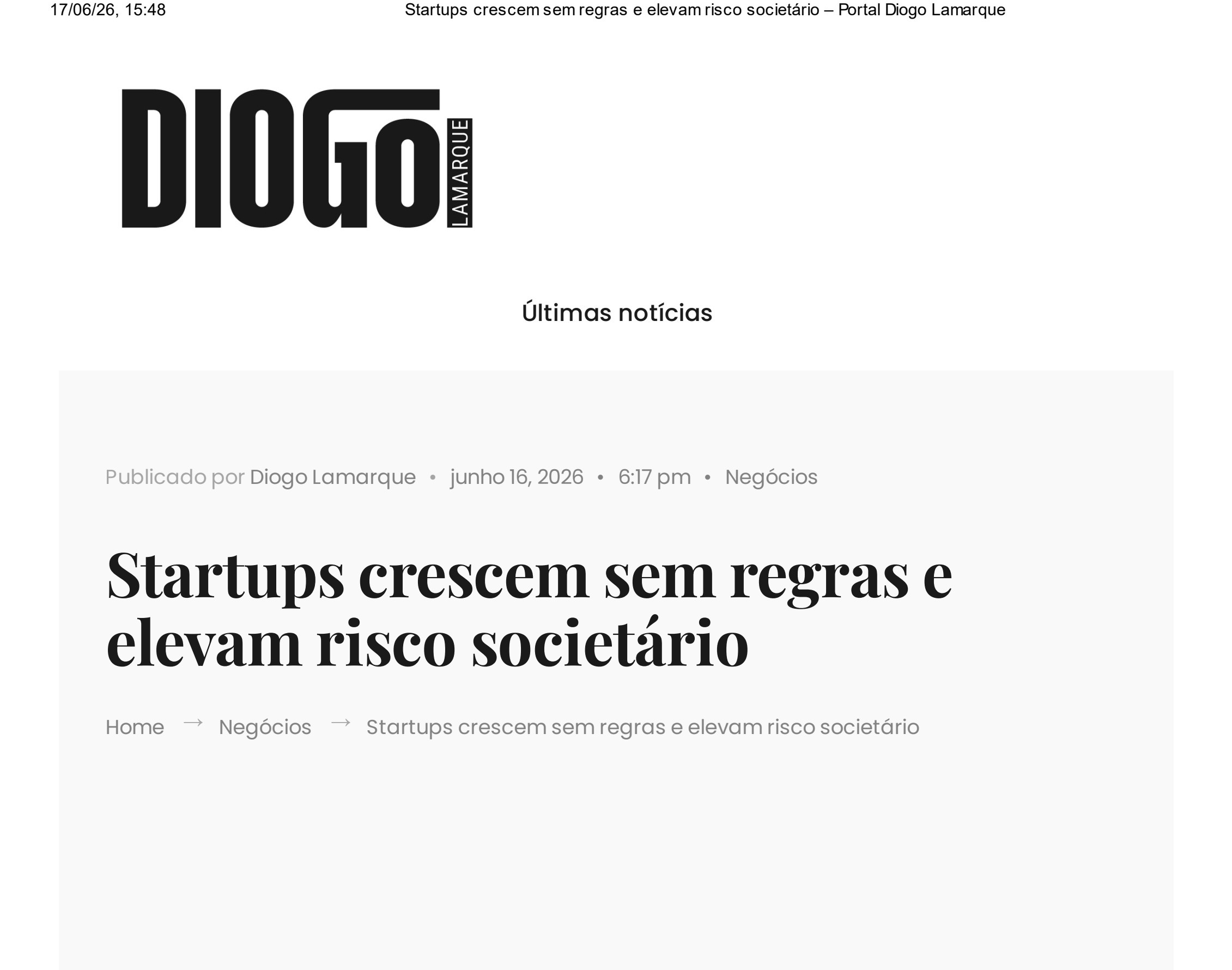 Manchete da matéria sobre risco societário em startups no Portal Diogo Lamarque