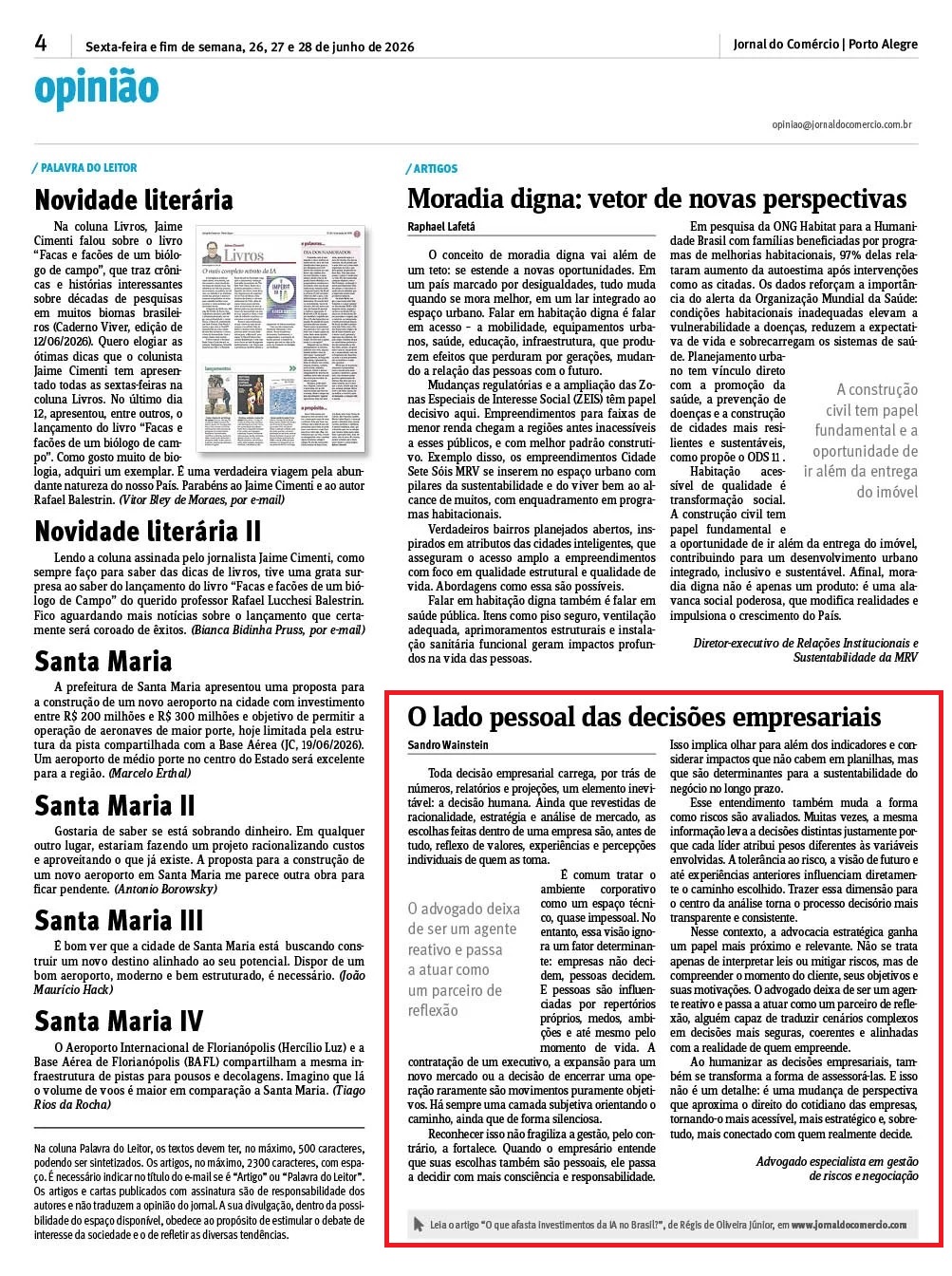 Página de Opinião do Jornal do Comércio com o artigo assinado por Sandro Wainstein